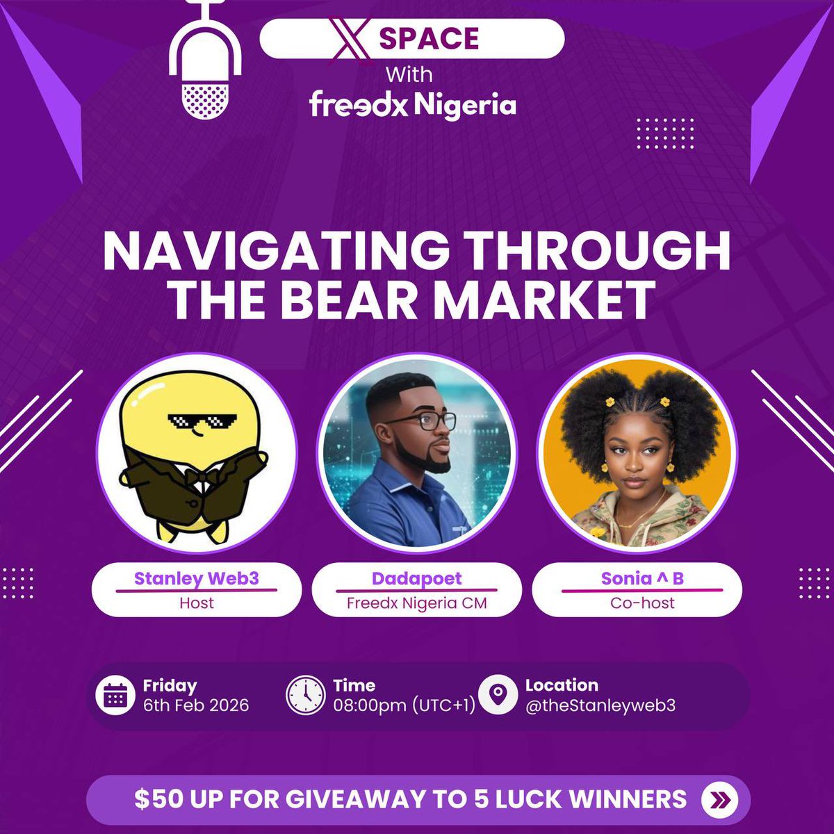 Not to late to say happy new month 

Tomorrow is another amazing day
You have been waiting for 

I’m hosting a space with freedx 

Topic NAVIGATING THROUGH THE BEAR MARKET

CO HOST: <a href="/Dada_defi/">Dadapoet.tgn 🏆</a> 
 
CO HOST : <a href="/Soniaprince_01/">Sonia^ ₿</a> 

Don’t miss out miss out on this space , 50$ giveaway for