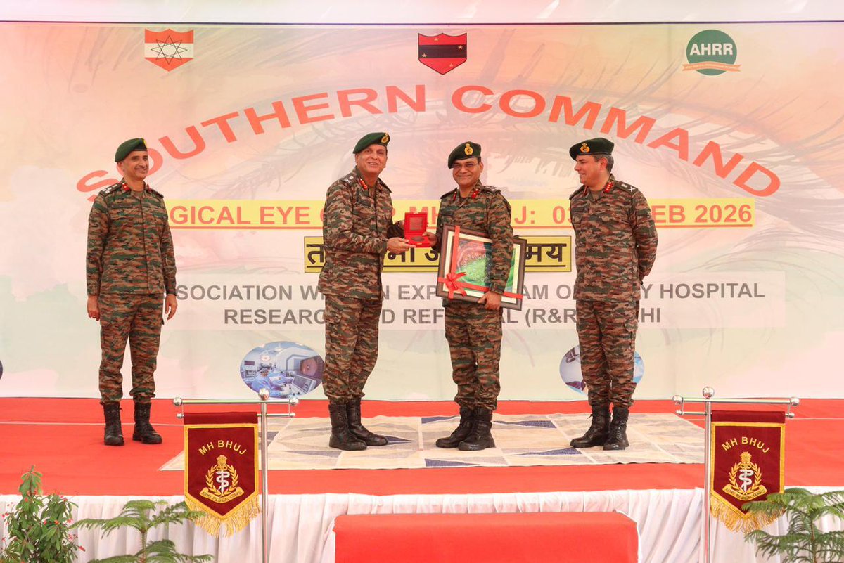 ANI's tweet photo. In a powerful demonstration of the Indian Army’s unwavering commitment to 'Nation First,' a Mega Advanced Surgical Eye Camp has successfully concluded at Military Hospital, Bhuj. This represents the first time an advanced surgical eye camp of this scale has been conducted in the border areas of Kutch, providing a 'new lease of light' to those residing in the most remote frontier regions. The mission-oriented healthcare has officially completed more than 200 successful sight-restoring surgeries, addressing the critical needs of a population previously shadowed by visual impairment..." Indian Army officials

Pic Source: Indian Army