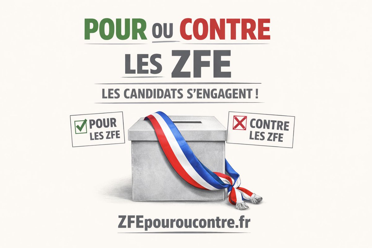 🗣️ #ZFE Pour ou Contre ? 

Lancement de l’opération nationale auprès des candidats aux élections municipales et de tous les citoyens.

Pour éviter les #ZFE, il faut connaître le choix des candidats, AVANT LE VOTE. 

👉🏻 ZFEpouroucontre.fr 

Avec nos amis motards de <a href="/ffmcnat/">FFMC Nationale</a>
