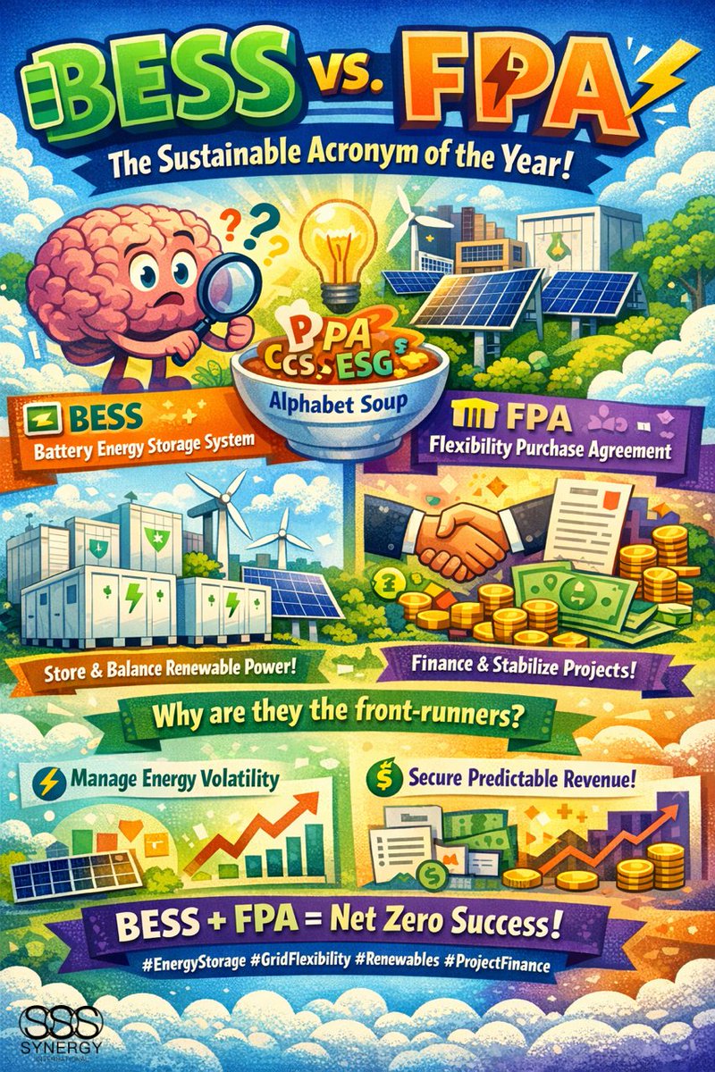 SynergyGreenH2's tweet photo. 💚🌊BESS + FPA = Net Zero Success: Which Do You Think is SAY?? 🌊💚We've often highlighted the growing list of acronyms that populate sustainable energy research and news. And who hasn't had that moment when one of these catches you by surprise, stumping even the most seasoned net zero campaigners. It's often a nice exercise in humility as well as a learning opportunity to make sense of the alphabet soup. 

🧠 So for all of you that already know your BESS from your FPA, give yourself the credit that you deserve. For all the rest of you, let's provide some context why BESS and FPA are the current frontrunners for the Sustainable Acronym of the Year (SAY).

🔋 BESS is the Battery Energy Storage System, the grid scale batteries plus inverters and control software that turn volatility into revenue. In 2026, that matters because the generation only trade is maturing fast. Wind and solar output increasingly lands in the same hours, which compresses prices and makes capture risk a real underwriting problem. Developers can still build great projects, yet the question investors ask has sharpened: where is the controllable cashflow when prices slump exactly when everyone else produces?

📉 That is why the Power Purchasing Agreement (PPA) story cooled and the battery story accelerated. European PPAs fell to 13.1 GW in 2025 from 15.3 GW in 2024, while about 12 GW and 24 GWh of BESS capacity was contracted via FPAs and optimisation agreements, roughly triple the prior year. The message is blunt: capital is still here, it is just buying the parts of the system that benefit from volatility.

🏦 FPA is the Flexibility Purchase Agreement, and it is the financing bridge. Merchant batteries can earn strong returns, yet lenders dislike merchant exposure. FPAs reduce uncertainty by converting multi market revenue streams into something closer to an infrastructure style contracted profile. Better predictability tends to mean better debt terms, which tends to mean more projects reach financial close.

🧩 The contract toolkit is getting sharper too. Tolling structures pay for availability or dispatch rights. Floors guarantee a minimum revenue level in exchange for some upside. Day ahead swaps hedge day ahead exposure while leaving room for optimisation. Different mechanics, same goal: make battery cashflows financeable at scale.

⚡ If you are developing projects this year, BESS plus an FPA is moving from optional add on to core strategy. It is the difference between hoping the market stays kind and designing a project that can survive the market as it is.

#BESS #FPA #EnergyStorage #GridFlexibility #Renewables #ProjectFinance #EnergyTransition #PowerMarkets #SustainableInfrastructure #CleanEnergy
