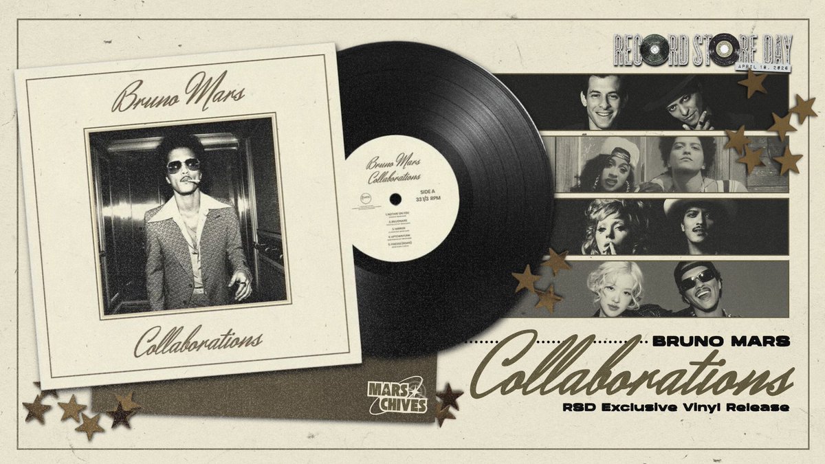 💽 The official cover for Bruno Mars' first ever compilation album; ‘Collaborations’, has been revealed by Record Store Day, recently.

It features his most iconic collaborations to date and the album is set to release on April 18, 2026.
⭐️ recordstoreday.com/SpecialRelease…
#Collaborations