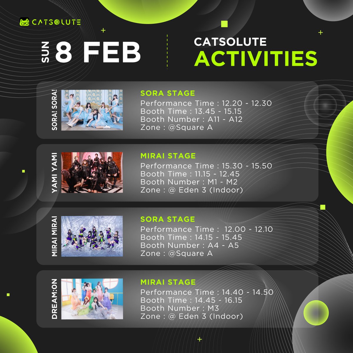 ✨ Catsolute in Japan Expo Thailand 2026 ✨

วันที่ 7-8 กุมภาพันธ์นี้ เตรียมมาสนุกไปด้วยกันกับพวกเราไอดอลจาก Catsolute ทั้ง 4 วงได้ทั้ง 2 วัน!

See you soon!

#Catsolute #SoraSora #YamiYami #MiraiMirai #Dream0n