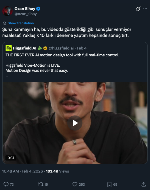 meyusufdemirci's tweet photo. Higgsfield $100 karşılığında özellikle AI içerikleri paylaşan hesaplara ciddi reklam yaptırıyor.

Buraya kadar sorun yok.

Higgsfield'da hesap açıp deneme yaptığınızda yayınladıkları videodaki gibi animasyonlar yapamadığını farkediyorsunuz. 

Peki bu Higgsfield ile işbirliği yapan AI influencer'ları için önemli mi? Tabi ki değil.

Yanıltıcı tweet'ler ile insanları yanlış yönlendiriyorlar.

Dostum olay ciddi, Elon bile onay verdi, Adobe'un hisseleri düştü gibi hook'lar atarak dikkatinizi çekiyorlar.

Son 1 haftada Nasdaq %3.89 düşerken Adobe %4.20 düştü diye Higgsfield'ın son videosunun Adobe hisselerini düşürdüğünü iddia ediyorlar. Halbuki zaten genel olarak Amerikan borsası düştü, Adobe ile alakalı bir durum yok.

Aşağıda gerçek sektör profesyonellerinin Higgsfield ile ilgili yorumlarını görebilirsiniz.

Etkileşim meraklısı AI influencer'larına istedikleri etkileşimi vermeyin.