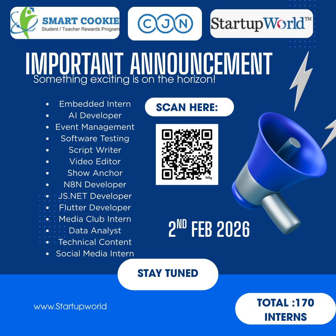 smartcookieinn's tweet photo. 🚨 Important Announcement 🚨
Startup World™ x SMART COOKIE
170 interns selected across multiple domains.
📅 2 Feb 2026
📲 Scan QR to know more
#Internship #Students #CareerGrowth #StartupWorld #SmartCookie https://t.co/5riXqGSxk1