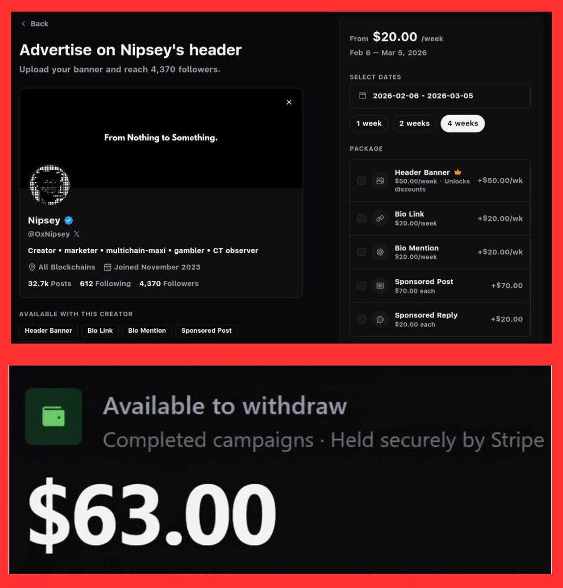 Early Alpha for Creators
 
Get paid weekly by renting your twitter header as ad space ,monetize your twitter header, bio, and pinned tweet with brands you actually like.

Get Positioned 🧵
➠visit: RentMyHeader.com
➠signup with your X account
➠add your public page link