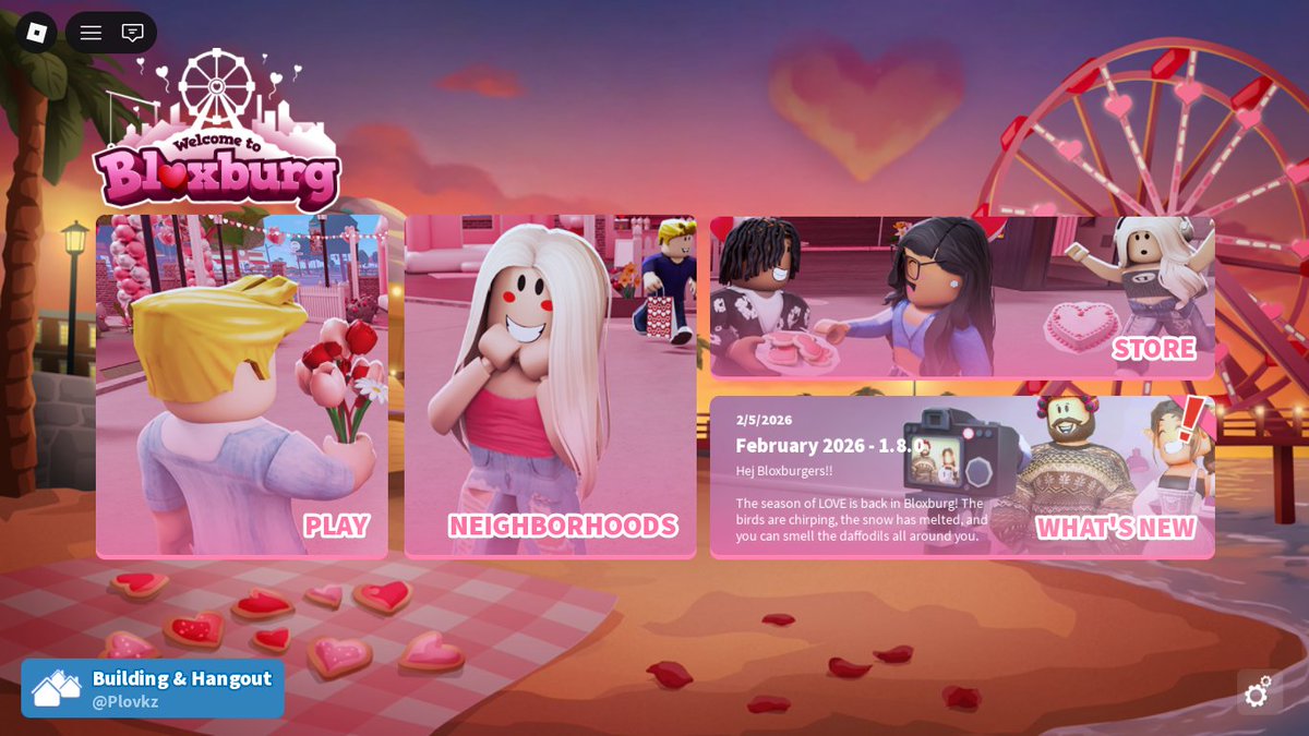 The new Bloxburg Valentine's main menu screen