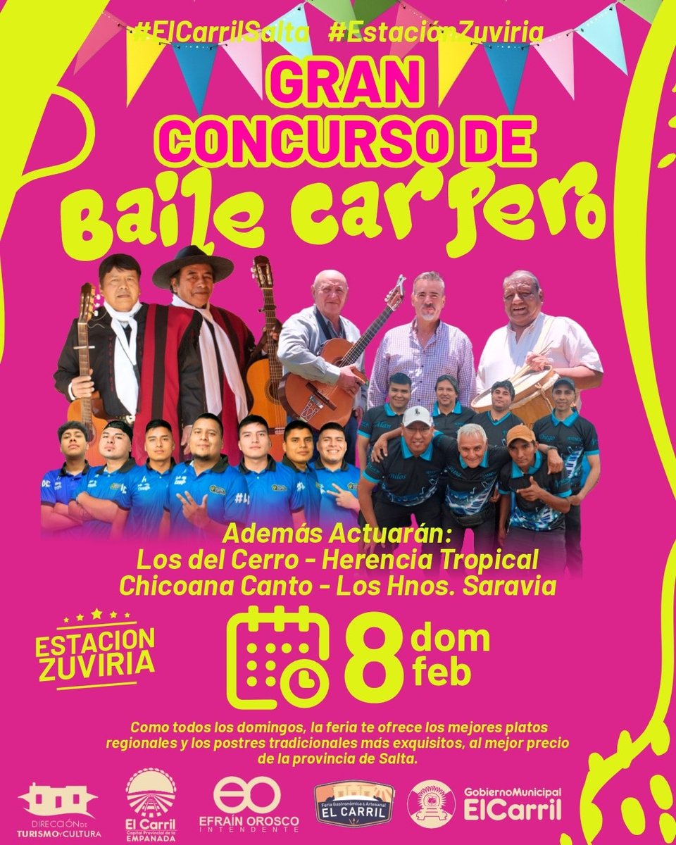 Este fin de Semana. Gran Concurso de Baile Carpero en Estación Zuviría. Domingo 8 de febrero, en el marco de la tradicional feria de los domingos en #ElCarril, con una jornada  de música, danza y gastronomía regional
+info elcarril.com.ar