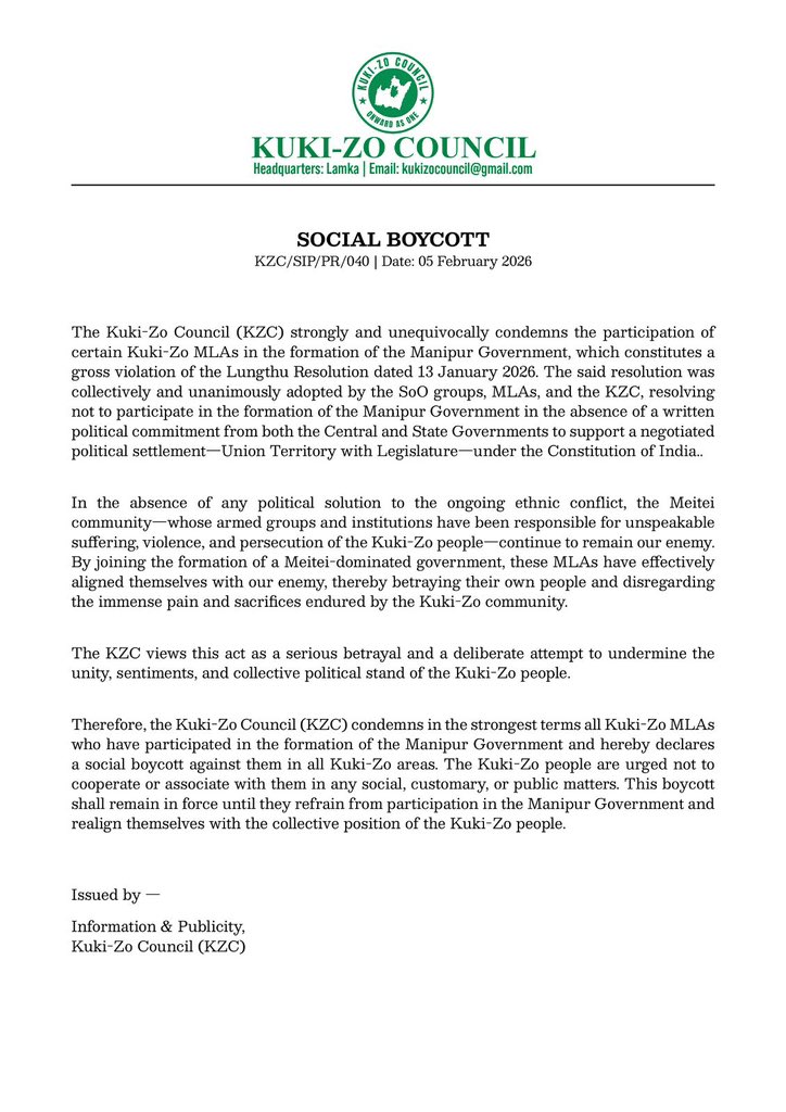 The Kuki-Zo Council declares a social boycott of certain Kuki-Zo MLAs for participating in the #Manipur Government, terming it a betrayal of community resolutions, and urges people to avoid cooperation until the #MLAs withdraw and realign with the collective political stand.