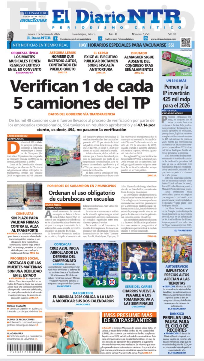 Buenos días. En nuestra portada de hoy, el transporte público además no cumple con reglas ambientales. Solo uno de cada cinco verifica y la mitad no pasa <a href="/laurorodriguez_/">Lauro Rodríguez</a> <a href="/NTRGuadalajara/">El Diario NTR Guadalajara</a>