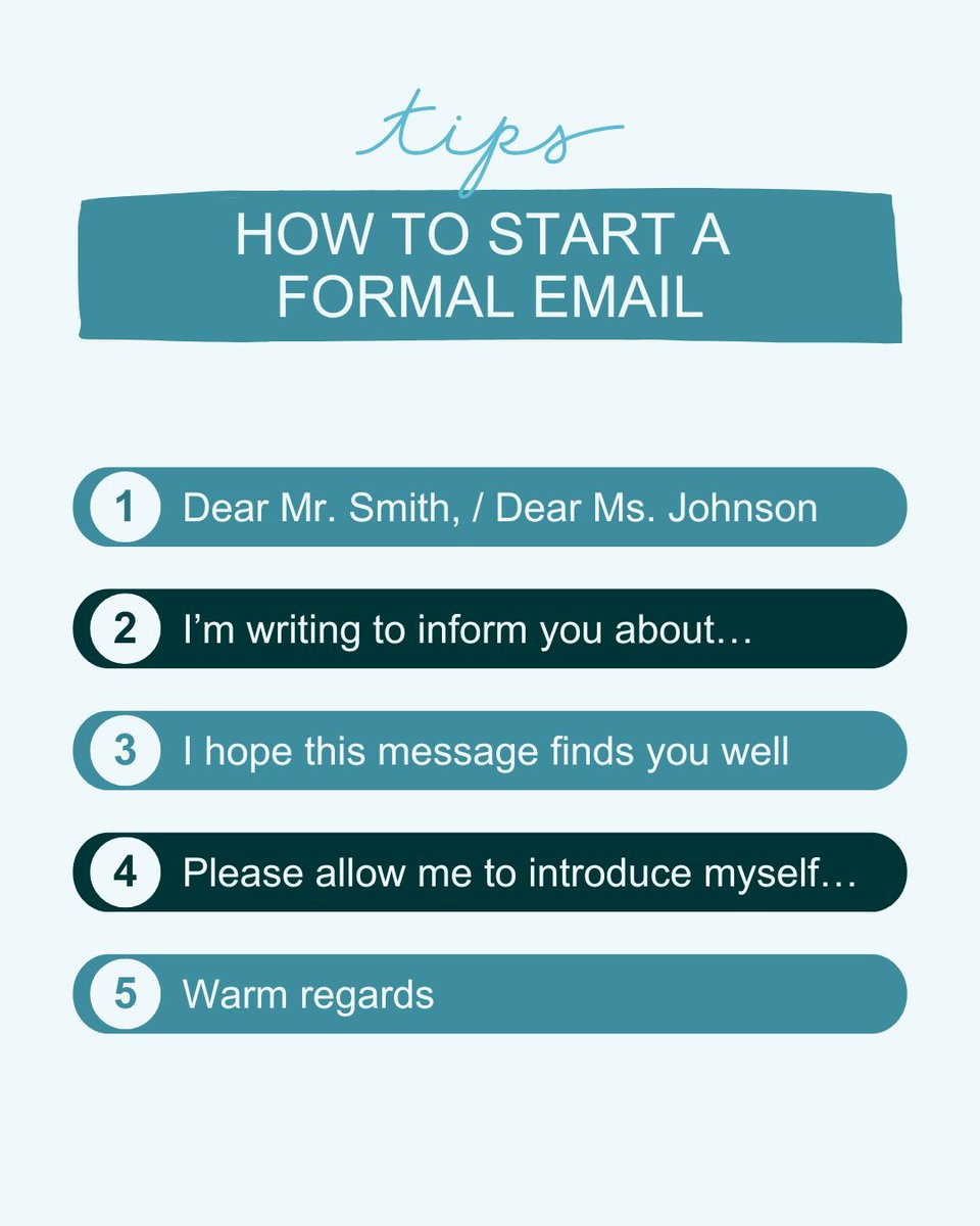 MaverickEnglish's tweet photo. 📧 How to Start a Formal Email

Starting your emails professionally sets the tone for clear and effective communication. 
✔️ Dear Mr. Smith, / Dear Ms. Johnson,
✔️ I’m writing to inform you about…
✔️ I hope this message finds you well
✔️ Please allow me to introduce myself… https://t.co/mkPYZ24gr9