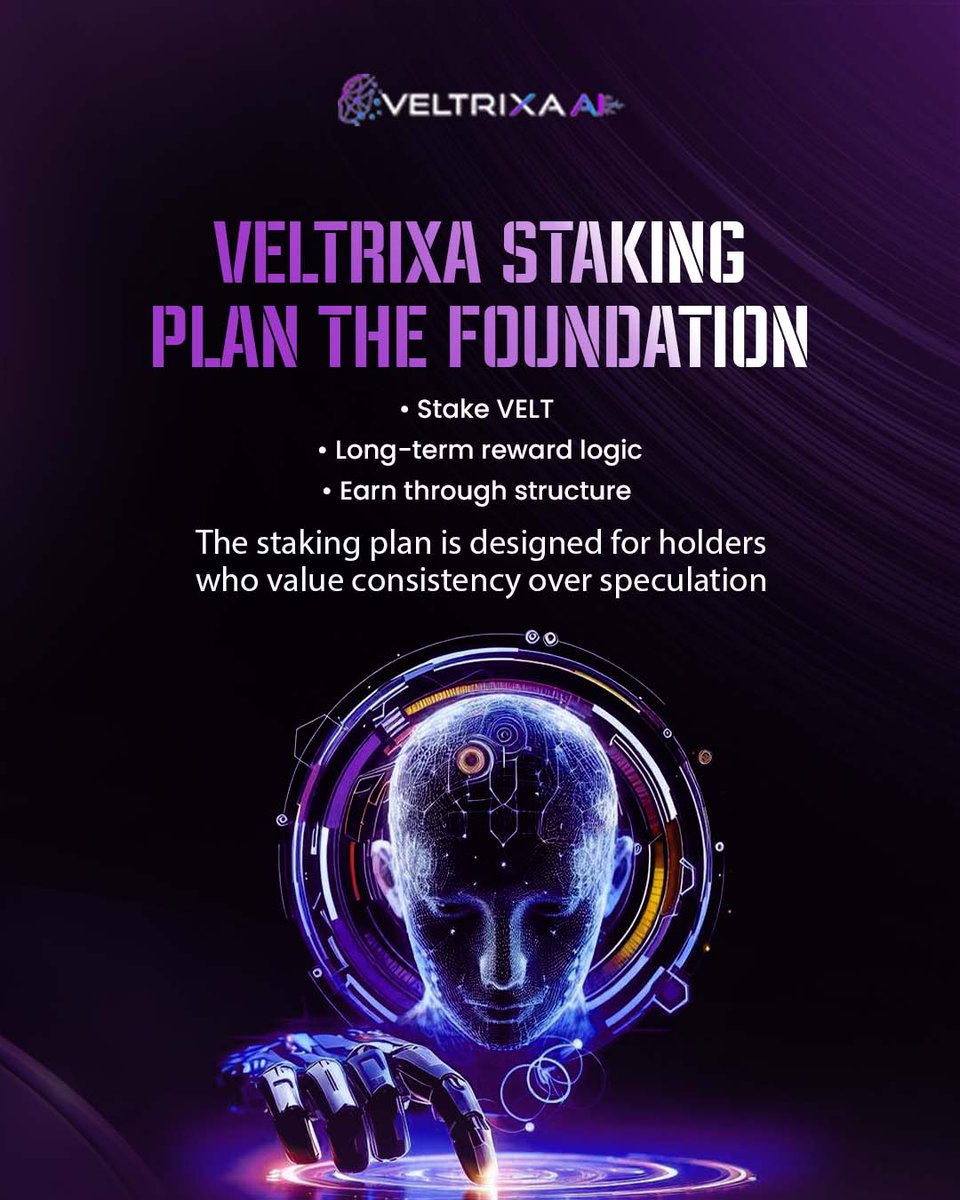 VeltrixaAI's tweet photo. Strong ecosystems aren’t built overnight — they’re built on structure.

Veltrixa’s staking plan focuses on long-term value, disciplined rewards, and consistency over speculation.
Stake VELT. Think long term,Build smart.

#VeltrixaAI #VELTToken #CryptoStaking #LongTermValue #BlockchainEcosystem