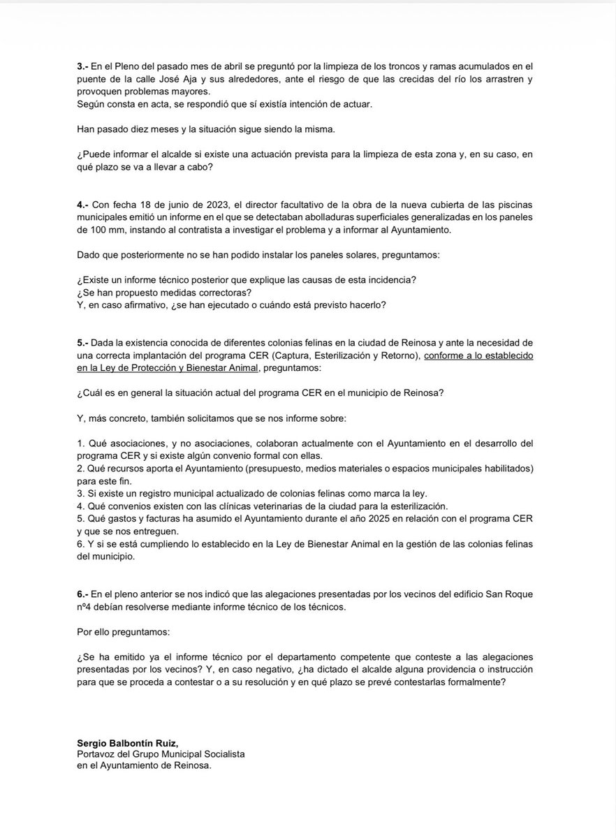 🏛️ Hoy Pleno en el <a href="/AytoReinosa/">Ayuntamiento de Reinosa</a>.

Desde el <a href="/PSOEReinosa/">PSOE Reinosa</a> llevamos preguntas clave sobre seguridad, servicios públicos y bienestar animal:

🏗️ Arroyo Las Fuentes
🏞️ Limpieza de ríos
🏊‍♀️ Piscinas
🧒 Centro La Guariza
😻 Programa CER

Responsabilidad y soluciones.
#ReinosaMereceMás