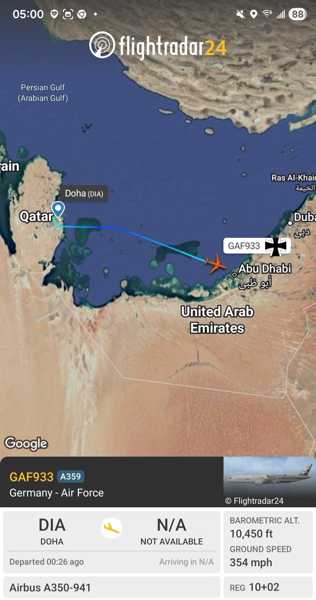 Borrowed7Time's tweet photo. German AF A350-941 10+02 #3F5D91 as GAF933 en route from Doha to Abu Dhabi with Chancellor Friedrich Merz on board.
@sipjack1776 @LadyAstroJet
https://t.co/xP2H14NHQB https://t.co/1HxnZhosd1
