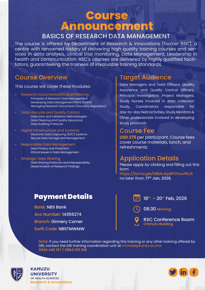 kuhes_DRI's tweet image. Join the Basics of Research Data Management Training (18–20 Feb 2026). Ideal for data &amp;amp; research professionals.
Register now: forms.gle/48bKJKpBfYPwwP…

#DataManagement #ResearchTraining #RDM