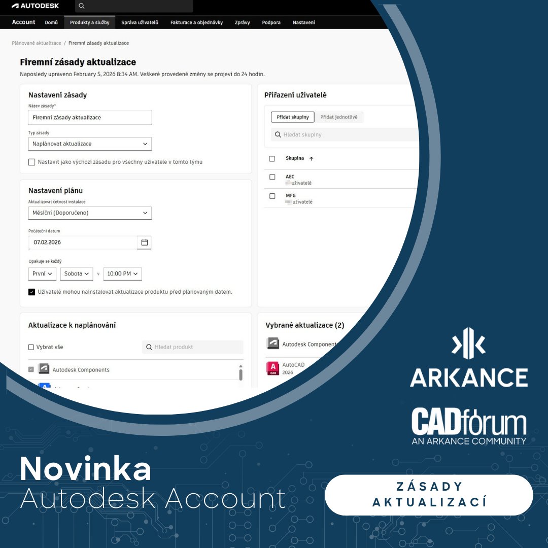 ArkanceCz's tweet image. Nová funkce „Plánované aktualizace“ v účtu #Autodesk #Account a v nástroji Autodesk #Access umožňuje vytvořit zásady a pravidla pro jednotné aplikování nově vydaných aktualizací softwaru Autodesk na počítačích uživatelů.
eu1.hubs.ly/H0rwbXW0
#CADforum #tip #ArkanceCommunity