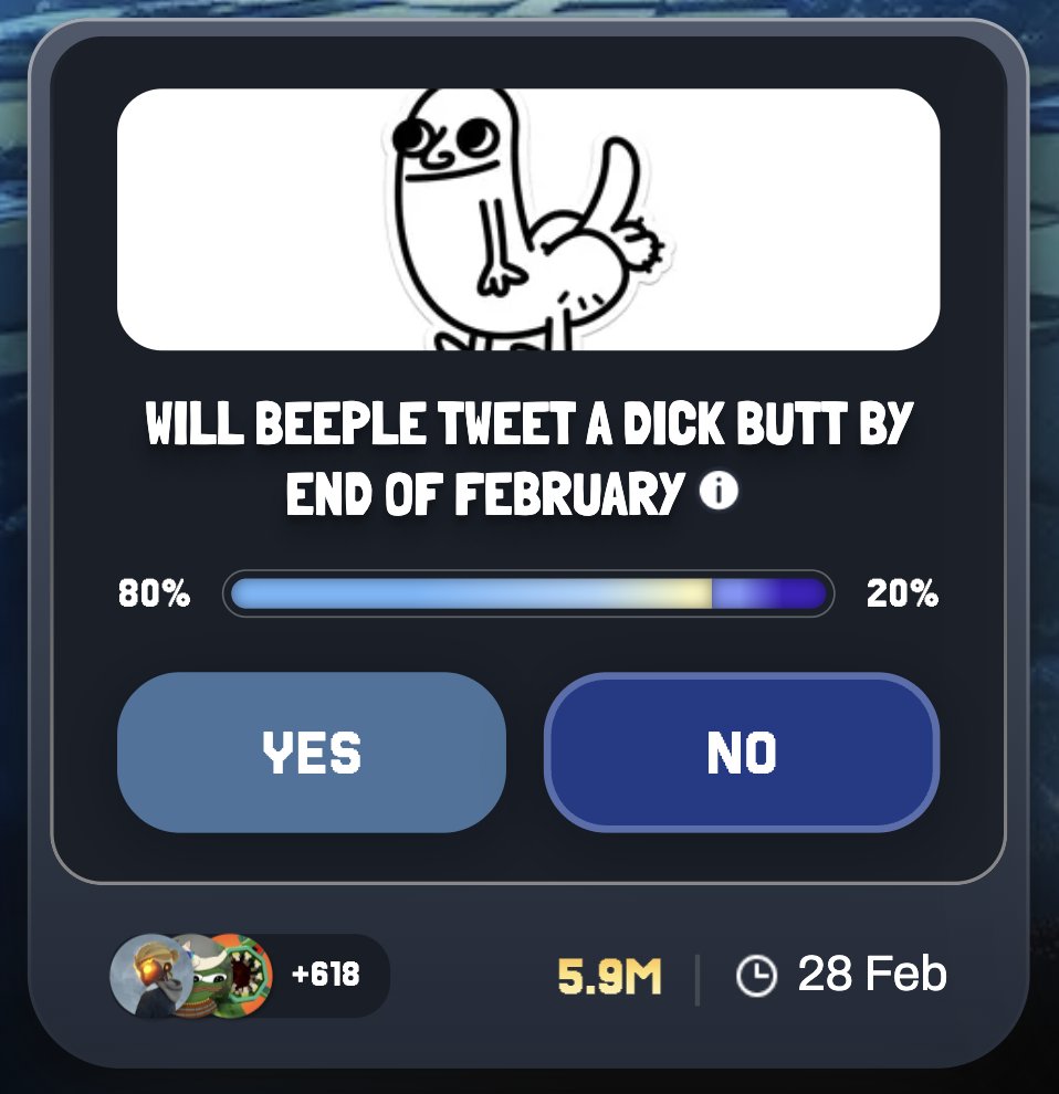 meme's tweet image. Meme predictoors are pricing a Dick Butt Beeple appearance at 80%... overvalued?