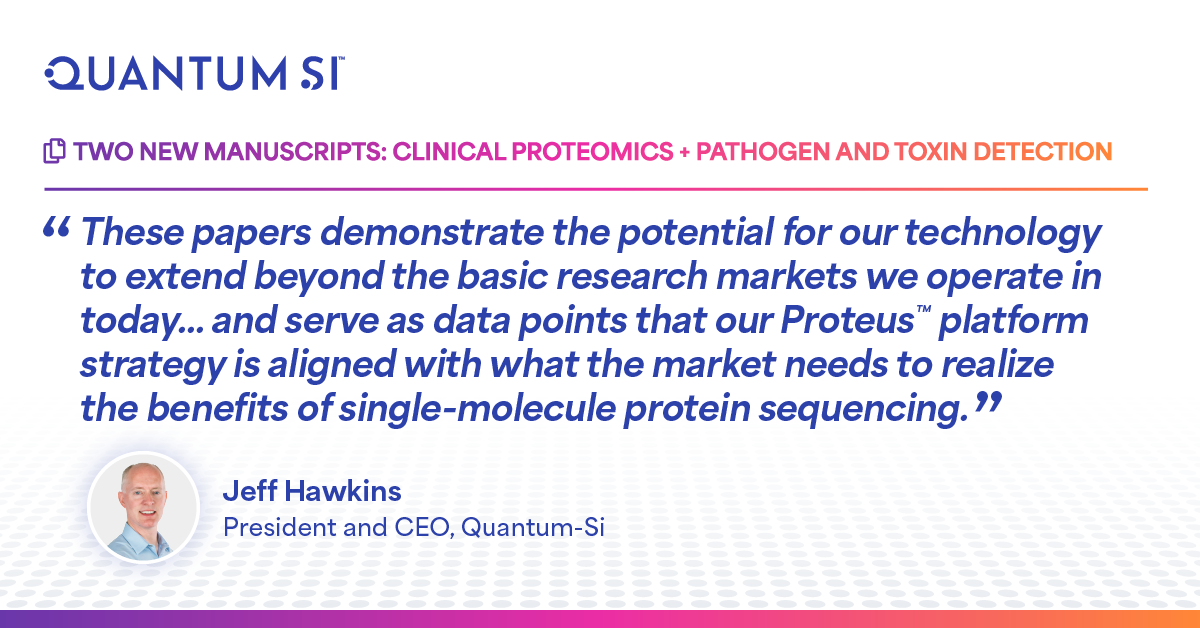Quantum_Si's tweet photo. Two new manuscripts, highlighting expanded applications for Quantum-Si's protein sequencing solution, have dropped this week. U.S. Naval Research Laboratory (#NRL) and @Stanford University have uniquely demonstrated the power of having a benchtop next-gen protein sequencing instrument for clinical proteomics and complex real-world problems like pathogen and toxin detection.
Read the full press release here: https://t.co/vYochoIc7X
#QSI #ProteinSequencing #Proteomics #ToxinDetection #ClinicalProteomics #Navy #Stanford