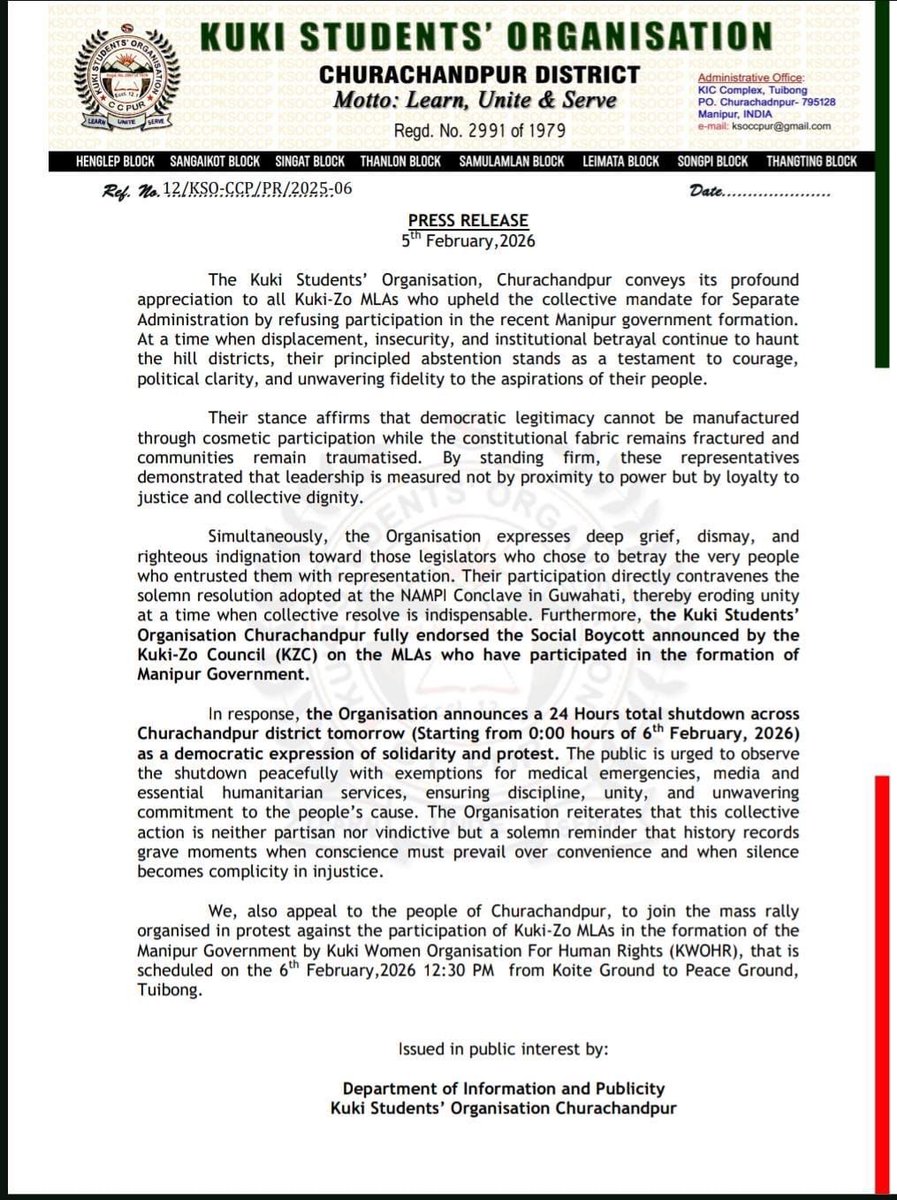 KSO Churachandpur announces 24‑hour district shutdown on 6 February 2026 and appeals to the public to participate in the KWOHR rally, protesting against Kuki‑Zo MLAs’ Manipur government involvement.
#Manipur 
<a href="/PMOIndia/">PMO India</a> <a href="/HMOIndia/">गृहमंत्री कार्यालय, HMO India</a> <a href="/rashtrapatibhvn/">President of India</a>  <a href="/the_hindu/">The Hindu</a> <a href="/thewire_in/">The Wire</a>
