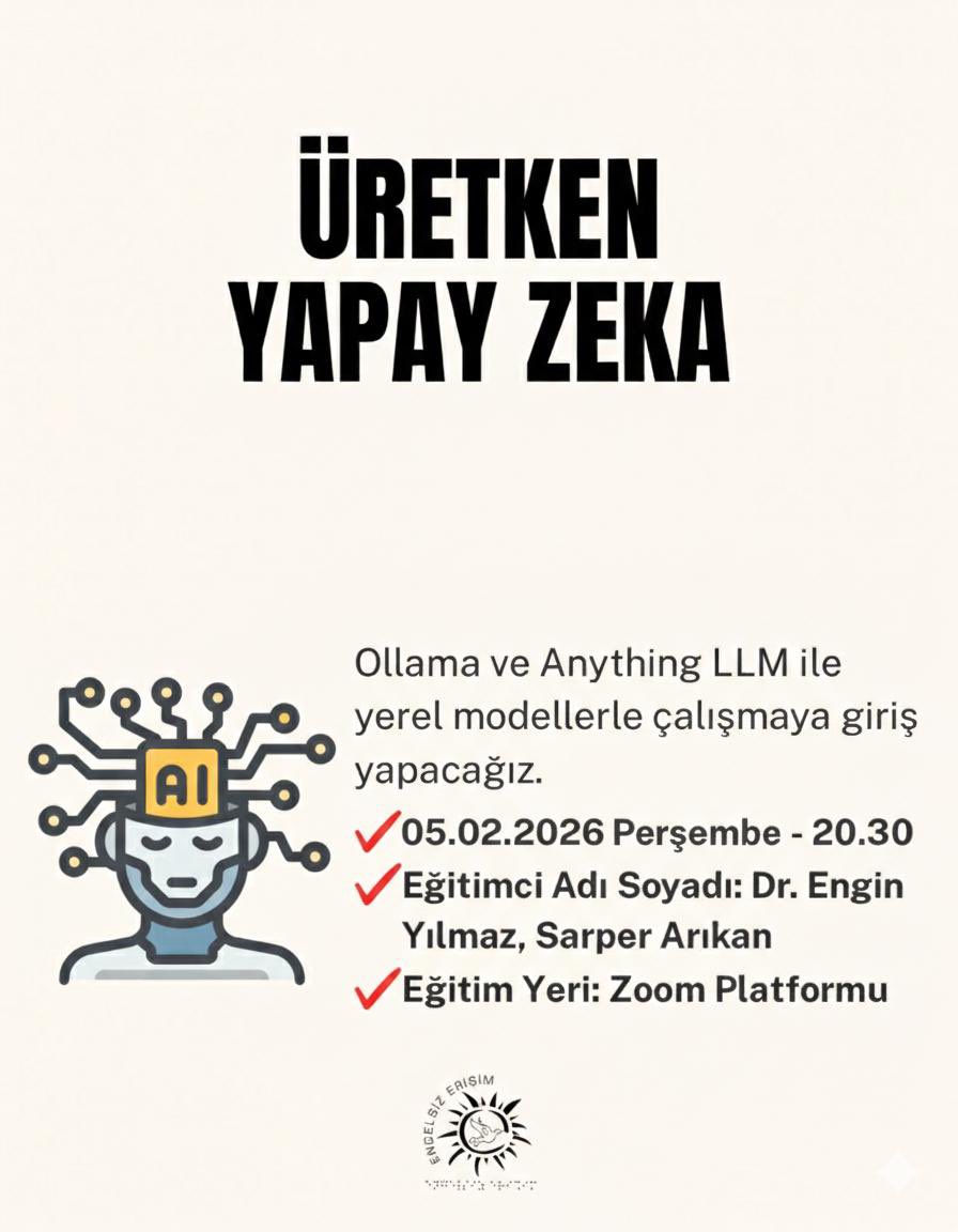 🤖 💻 Değerli Engelsiz Eğitim takipçileri, her hafta düzenli olarak gerçekleştirdiğimiz Üretken Yapay Zekâ Atölyesi kapsamında bu hafta, internet bağımlılığı olmadan kendi bilgisayarımıza kuracağımız yapay zekâ modelleri (yerel / local modeller) odağında ilerleyeceğimiz bu