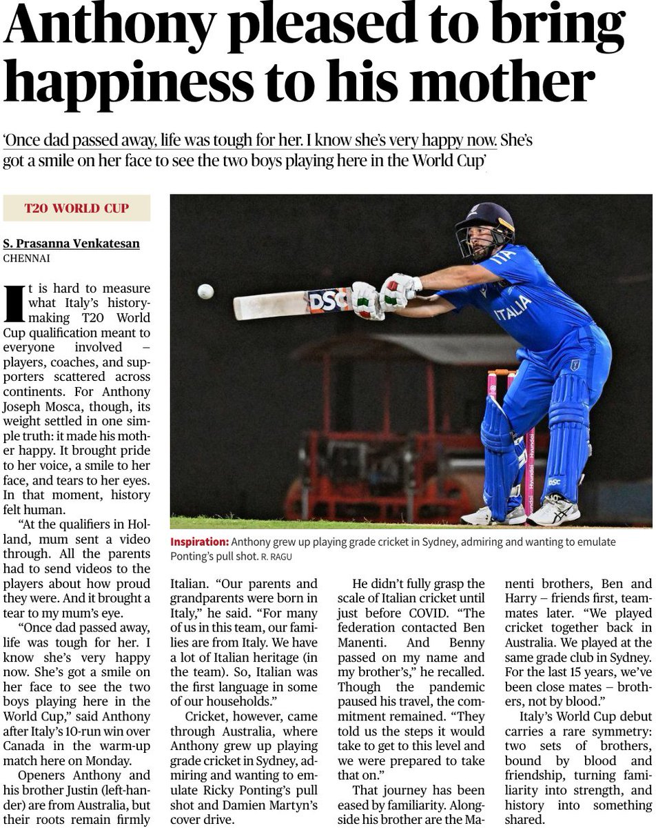 prasreporter's tweet photo. It is hard to measure what Italy's history-making #T20WorldCup qualification meant to everyone involved - players, coaches, and supporters scattered across continents. For #AnthonyJosephMosca, though, its weight settled in one simple truth: it made his mother happy. It brought pride to her voice, a smile to her face, and tears to her eyes. In that moment, history felt human.
Two brothers in Italian colours. Two more beside them, mates of 15 years.
Italy’s World Cup debut isn’t built on numbers. It’s built on family, friendship, and a mother’s pride.
Link 👉🏻 II https://t.co/yFwErAnpq5 II