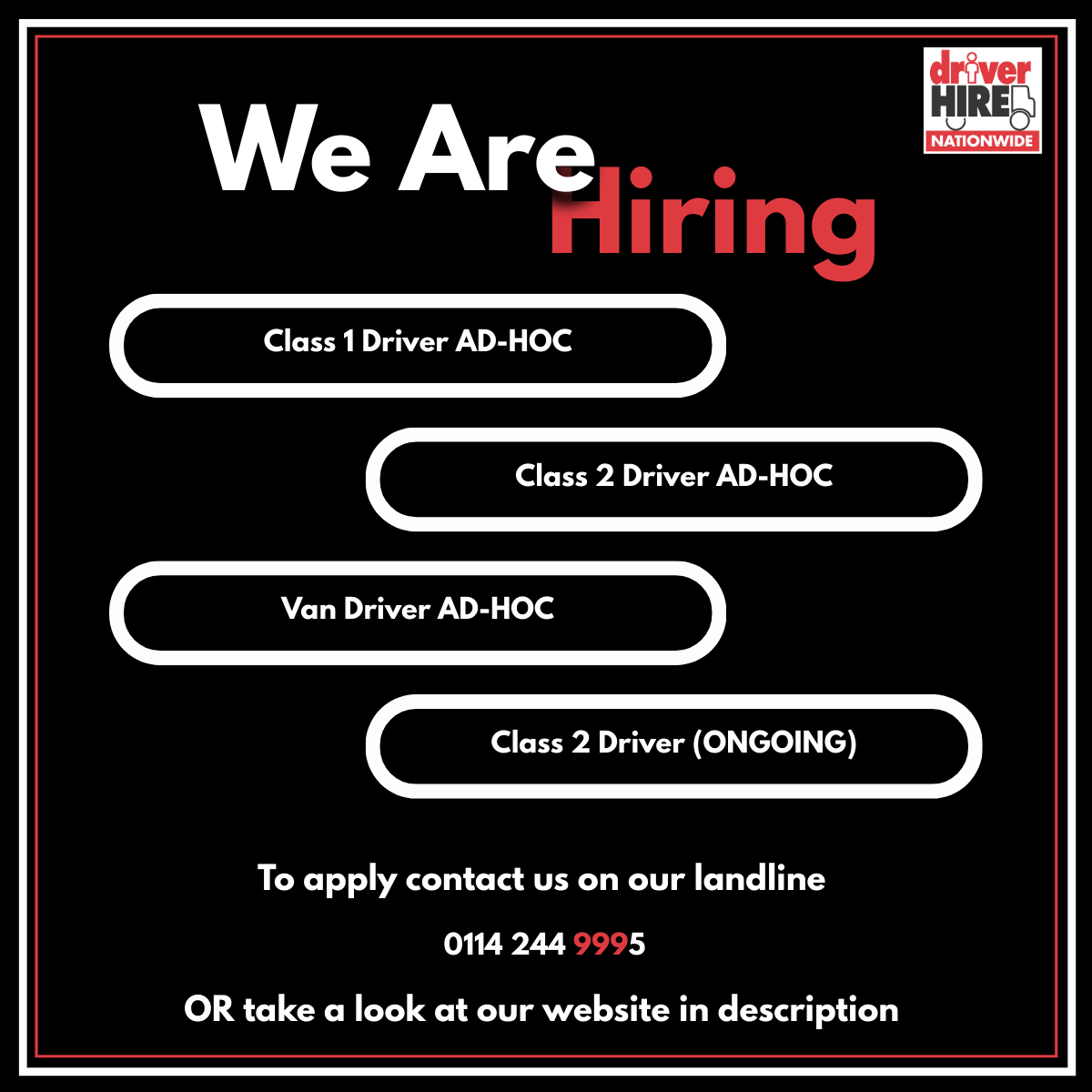 WE’RE HIRING AT DRIVER HIRE SHEFFIELD
We’re on the lookout for reliable drivers to join our team. Whether you’re after flexible shifts or something more regular, we’ve got opportunities available right now.
📞 Call 0114 244 9995
 🌐Or check out our website driverhire.co.uk/sheffield