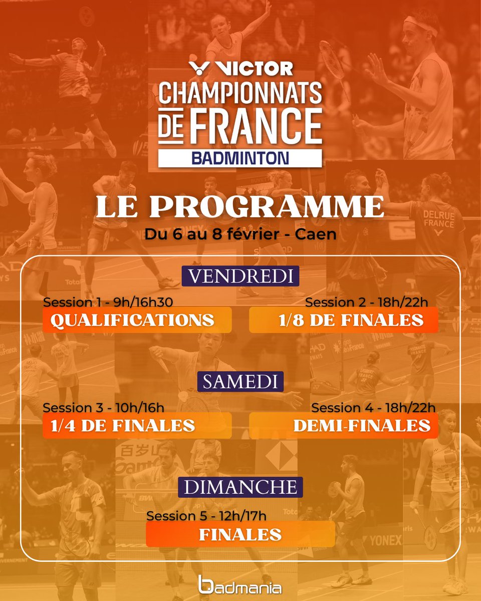 Les Championnats de France 2026 commencent demain 🔥 

🎥 L’ensemble des matchs est à suivre en direct sur la chaîne YouTube de la FFBaD.  

🏸 Les tableaux et les résultats seront disponibles en temps réel sur Badnet.  

#badmania #badminton #ffbad #Caen2026