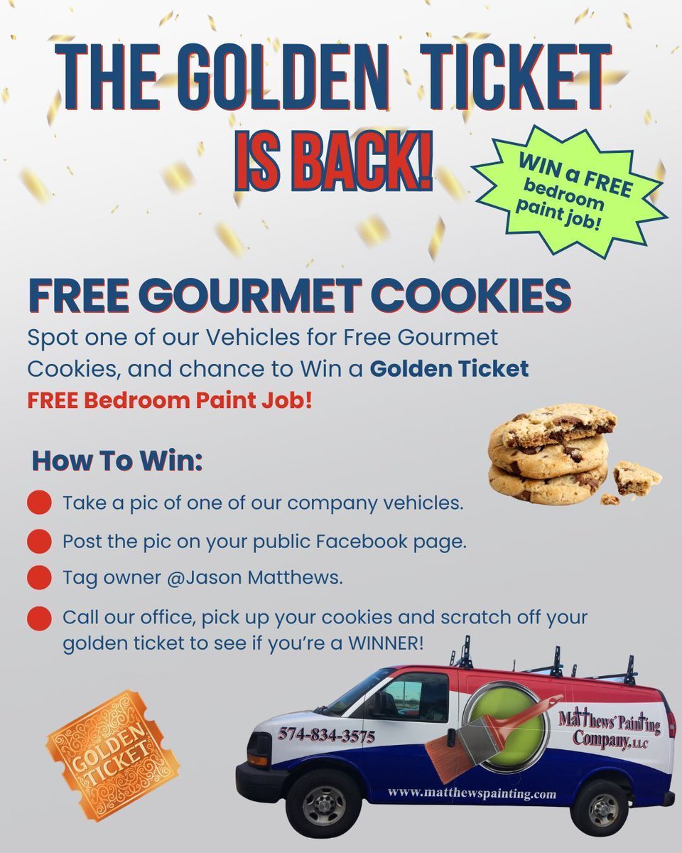 MatthewsPaint's tweet photo. The #GoldenTicket is BACK - and that means you have a chance at winning a FREE bedroom paint job!  Be sure to like and follow us on Facebook to stay up to date! #MatthewsPainting #FreePaintJob #IndianaPainters https://t.co/yYYdfFxSlX