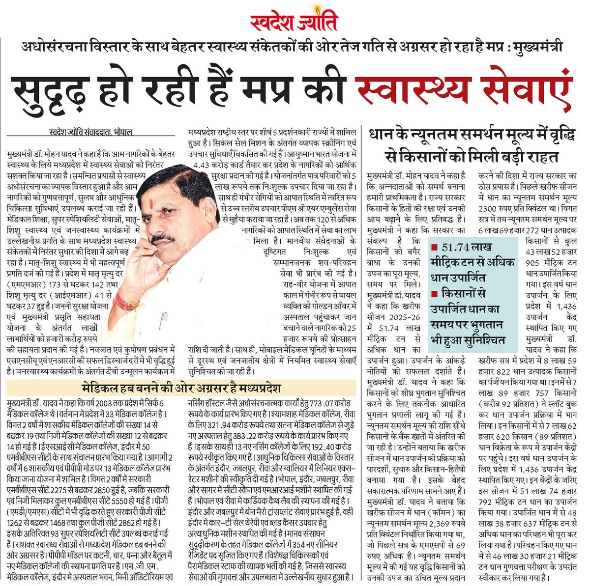 Swadeshjyoti's tweet image. "सुदृढ़ हो रही हैं मध्य प्रदेश की स्वास्थ्य सेवाएं": मुख्यमंत्री डॉ. मोहन यादव। प्रदेश में मेडिकल कॉलेजों की संख्या 6 से बढ़कर हुई 33। मातृ और शिशु मृत्यु दर में आई उल्लेखनीय कमी।

swadeshjyoti.com

#AtmanirbharMP #MPHealth