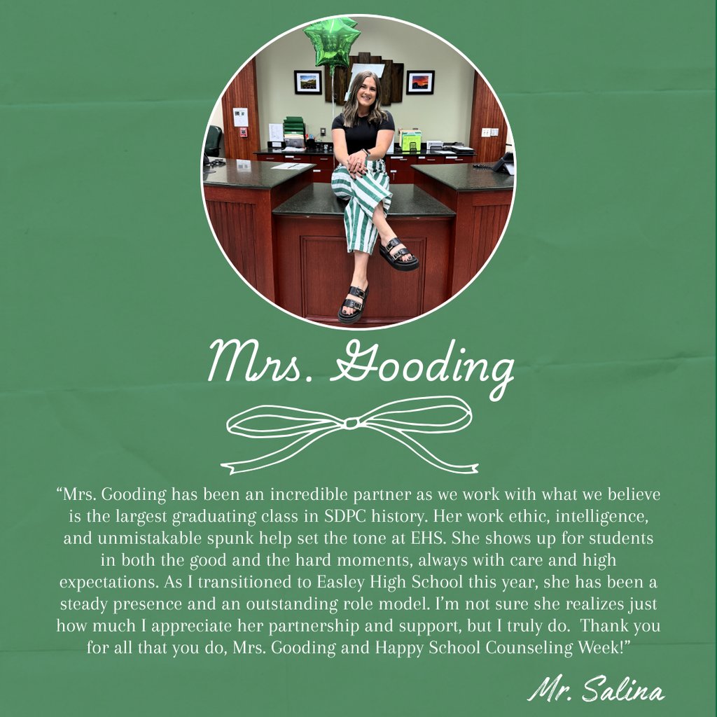easley_updates's tweet photo. Our 12th grade counselor is Mrs. Gooding. She works diligently to make sure our seniors are ready for graduation and beyond! https://t.co/0T8EFFAwT7