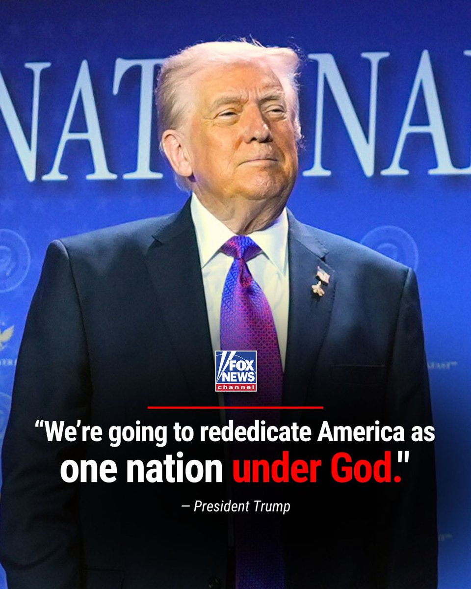 FoxNews's tweet image. UNITED IN FAITH: President Trump announces his administration will "rededicate America as one nation under God" while speaking at the 74th Annual National Prayer Breakfast on Capitol Hill.