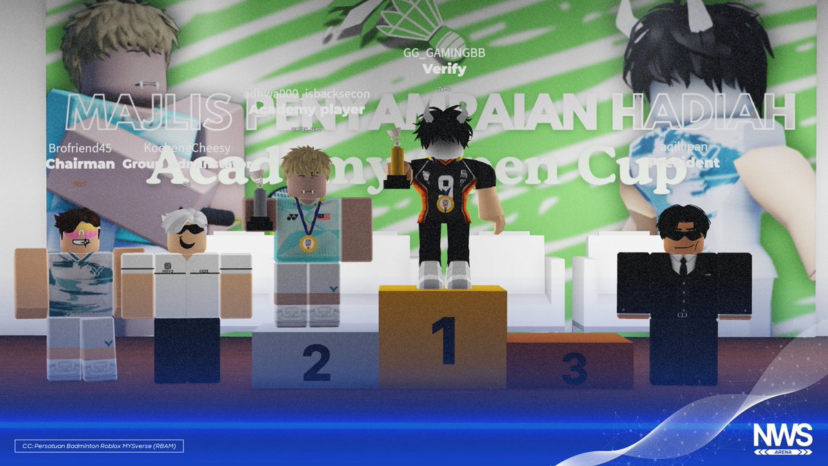 Persatuan Badminton Roblox MYSverse (RBAM) telah mengadakan Majlis Penyampaian Hadiah bagi Piala Akademi Terbuka yang disempurnakan oleh Menteri Belia dan Sukan, Datuk KochengCheesy, menyaksikan Zai dinobatkan sebagai juara bagi kejohanan itu diikuti melodulao sebagai naib juara.