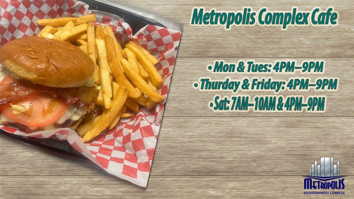 MetropolisAug's tweet image. 🎉 New Café Hours! 🎉

We’re now open Monday, Tuesday, Thursday, &amp;amp; Friday evenings from 4–9pm perfect for trivia lovers, karaoke stars, and anyone who wants to grab a bite! Saturday, Joe &amp;amp; Derrick have you covered with breakfast 7–10am and dinner 4–9pm. Come eat, &amp;amp; hang with us!