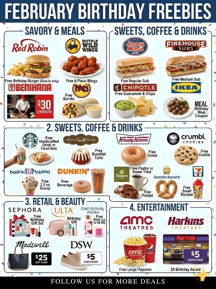 BirthdayFreebie's tweet photo. February birthdays, rejoice!  Here are the best birthday deals just for you! 🎁 Want even more? Check out over 1000 deals and offers at the best site in the world: https://t.co/pzMhctC7Yc🌟 

#BirthdayDeals #Freebies #Celebrate #BirthdayMonth  #birthdayfreebies #birthdays https://t.co/5L0g601cxY