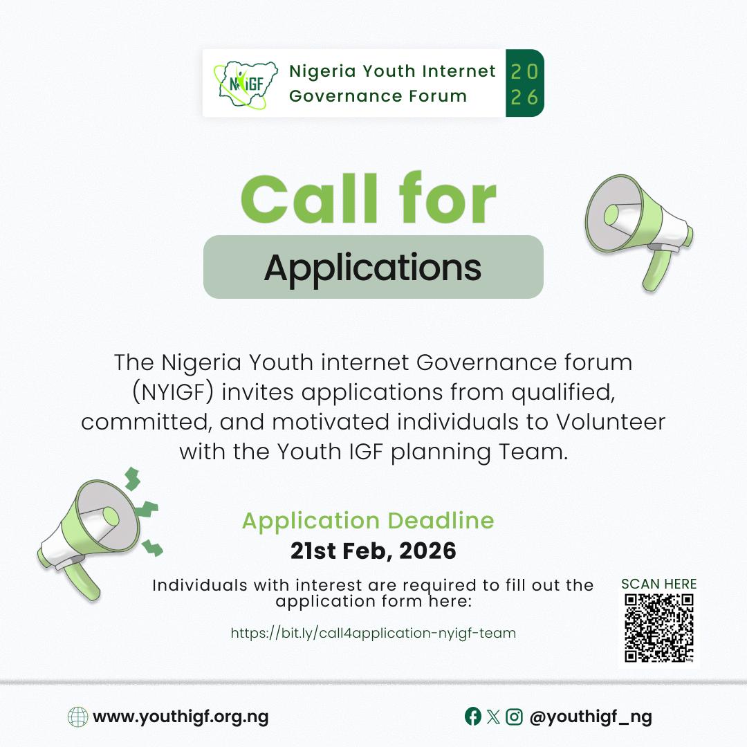 Join NYIGF Volunteer Movement! 

Passionate about internet governance? Volunteer with Nigerian Youth Internet Governance Forum (NYIGF)! Boost skills, contribute to policy, network &amp; gain experience.

Apply: bit.ly/call4applicati… 

#NYIGFVolunteers