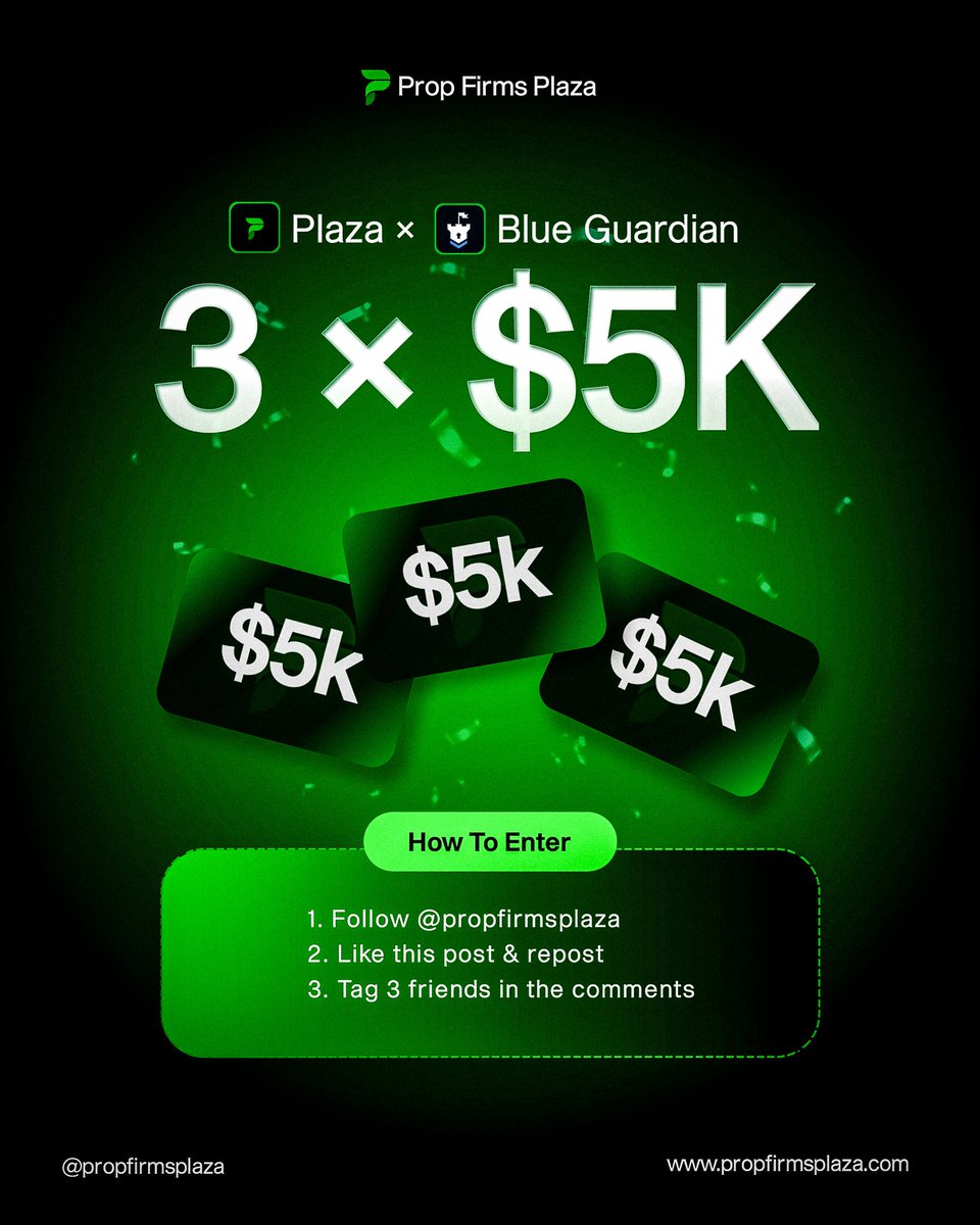 🚀 3 × $5,000 Challange Giveaway 
In partnership with Blueguardian 🎁🔥 

How to enter ⬇️

1️⃣ Follow:
<a href="/BlueGuardiancom/">Blue Guardian</a> | <a href="/propfirmsplaza/">Prop Firms Plaza</a>
<a href="/GuardianTvLive/">GuardianTV</a> | <a href="/GuardianFutures/">Blue Guardian Futures</a>
2️⃣ Like, Repost &amp; Tag 3 Traders 🫂 
3️⃣ Turn on our notifications 🔔 

🏆 3 winners - Ends soon! ⏳