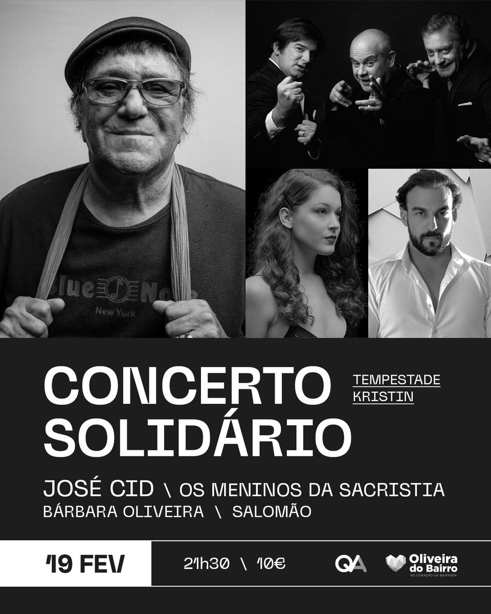 #OliveiradoBairro vai promover um concerto solidário a favor das populações afetadas pela tempestade #Kristin.
O espetáculo vai realizar-se no dia 19 de fevereiro, às 21h30, e pelo palco do #QuarteldasArtes vão passar #JoséCid, #MeninosdaSacristia, #Salomão e #BárbaraOliveira.