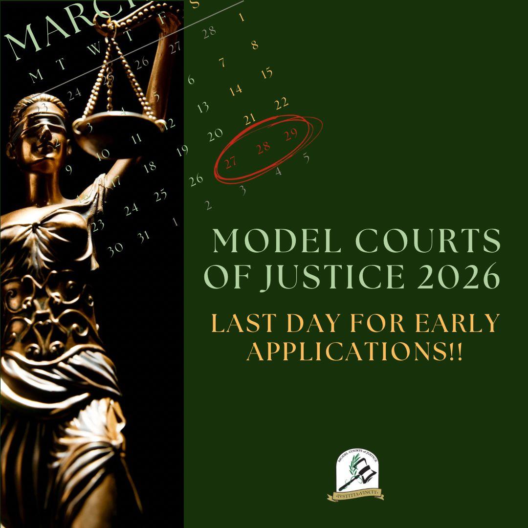 ModelCJ27's tweet photo. Today is the last day for Early Applications for Model Courts of Justice 2026. Don't miss the chance to be part of this prestigious legal experience at a discounted rate. Apply now via the link in our bio!
#bettertogether https://t.co/XKBK25otLX