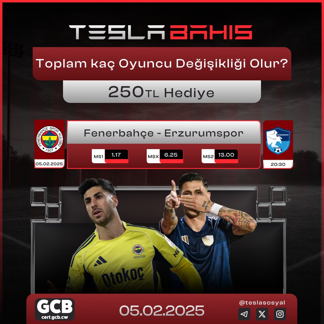⭐️ #TESLABAHİS’TEN 250₺ KAZANMA ŞANSI! ⭐️

❓ Fenerbahçe - Erzurumspor karşılaşmasında toplam kaç oyuncu değişikliği olur?

🎁 Doğru cevabı veren üyelerimiz 250₺ nakit kazanıyor!

Etkinliğe katılmak için tıklayın.
t.ly/ubLAg