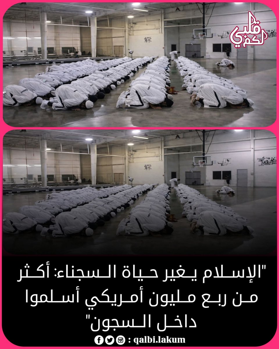 ⏪️ يقال .. بأن هذه الصورة من أحد السجون الأمريكية حيث معدلات إعتناق الإسلام مرتفعة جداً ..لدرجة أن بعض السجون في ولاية أريزونا أعتنق ثلث سجنائها الإسلام في وقت واحد ..

ويبلغ عدد السجناء الذين أعتنقوا الإسلام داخل السجون الأمريكية حتى عام 2016  أكثر من 250 ألف سجين مسلم و