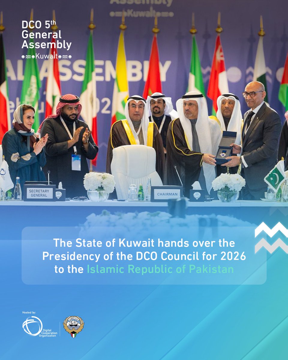 dcorg's tweet photo. As the DCO Council Presidency transitions to the Islamic Republic of Pakistan, the focus turns to the next phase of leadership guiding the Organization’s work.

The incoming Presidency will build on shared priorities, advancing cooperation, continuity, and collective action to strengthen digital transformation and inclusive prosperity in the age of AI.

For more information: https://t.co/QtqAr5GVTB 

#DCO_GA_Kuwait #DCO_5th_General_Assembly #DCOGeneralAssembly #AI4DigitalProsperity #DigitalProsperity4All

@cait_kw @mcitkw @mockuwait @CitraKuwait