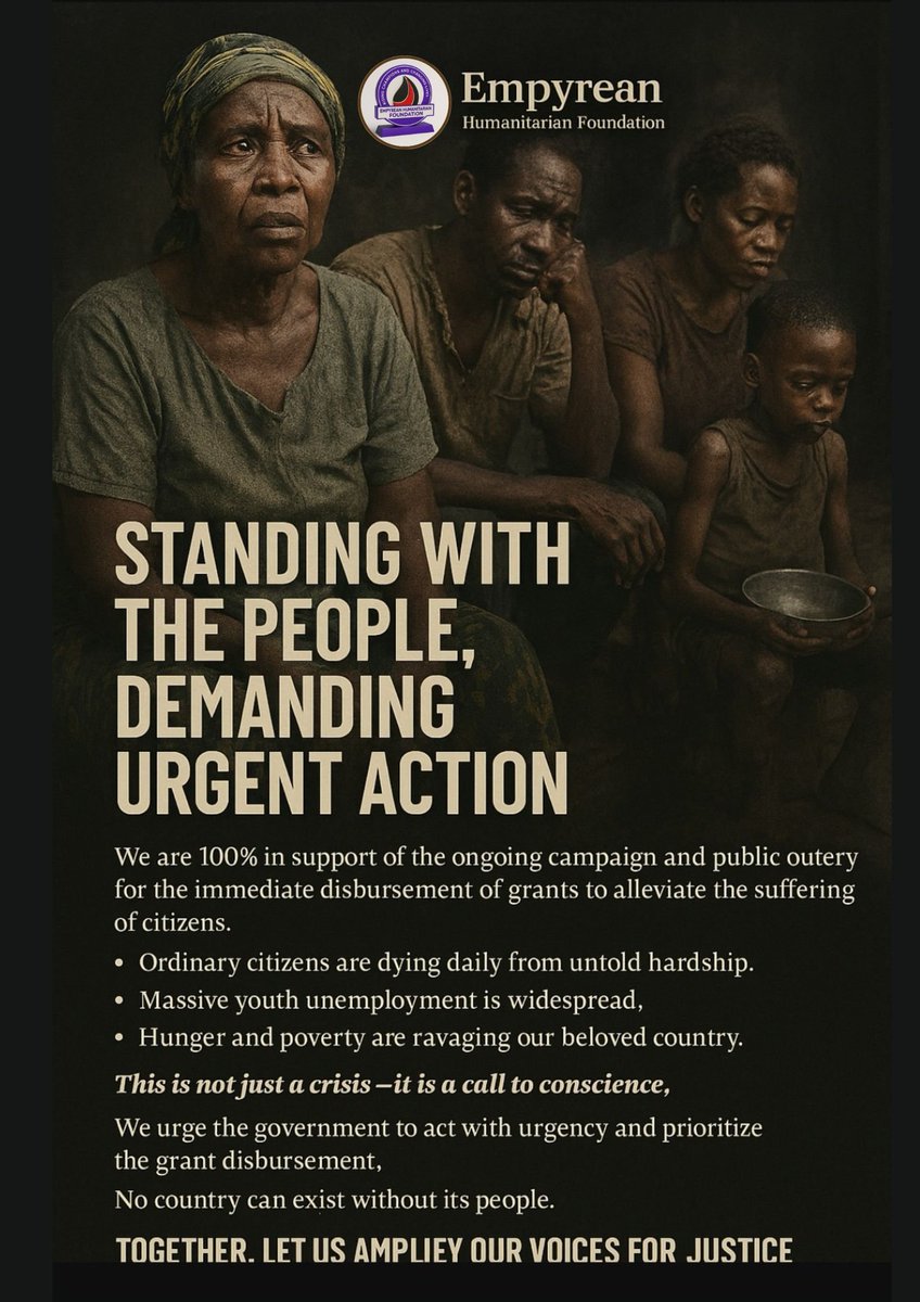 PEOPLE ARE HUNGRY. HOPE IS FADING. JOBS INVISIBLE.  
While dollars sit idle in vaults, lives are slipping away.  
Disburse the prolonged grant meant for the poor masses NOW.  
#GrantJustice #EconomicJustice #CBN
<a href="/realDonaldTrump/">Donald J. Trump</a> <a href="/IMFNews/">IMF</a> <a href="/worldbankgroup/">World Bank Group</a> <a href="/elonmusk/">Elon Musk</a> <a href="/seunokin/">SeunOkin Channels tv</a>