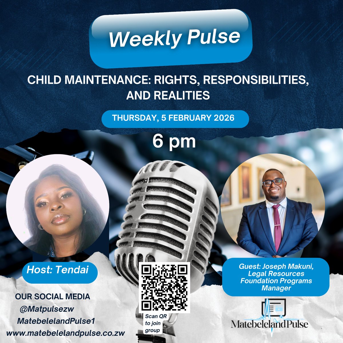 matpulsezw's tweet photo. TONIGHT 6 PM! 📢 Child Maintenance: Rights, Responsibilities & Realities
Are you getting what you're entitled to? Know your legal obligations?
Host Tendai + legal expert Joseph Makuni from @LRFZimbabwe discuss what every parent needs to know. Scan the QR code
#WeeklyPulse https://t.co/Izza6MiFsE