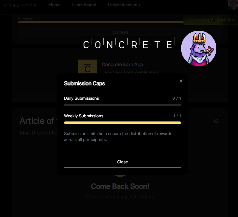 🚨Cập nhật nhỏ về Submission hàng tuần, site của <a href="/ConcreteXYZ/">Concrete</a> mới update thêm cả phần Daily Submissions, và tiến trình nộp để mọi người có thể dễ dàng kiểm tra: points.concrete.xyz/home

→ Mọi người nhớ nộp bài và checkin đều nhé, chúc mọi người nhận