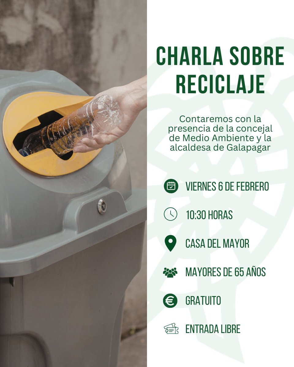 ♻️ Mañana, viernes 6 de febrero, la Casa del Mayor acoge, a partir de las 10:30 horas, una charla sobre reciclaje y economía circular 

Al finalizar, se entregará un pequeño obsequio a las personas asistentes🌍 ¡Te esperamos! 

#Galapagar #MedioAmbiente #Reciclaje