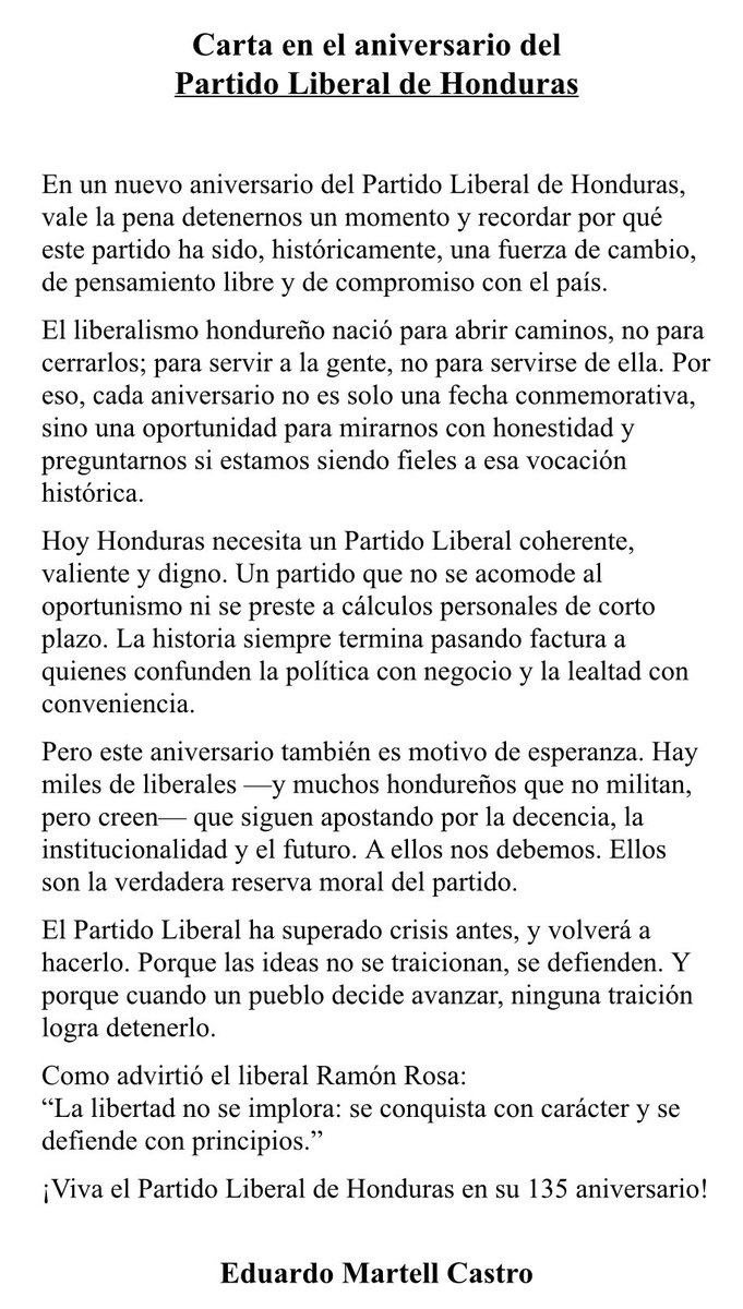 Las traiciones pasan. Las ideas quedan. 135 años del Partido Liberal de Honduras. No olvidemos: el Liberalismo no se negocia: se defiende con principios y con el pueblo. #135AniversarioPLH🇦🇹