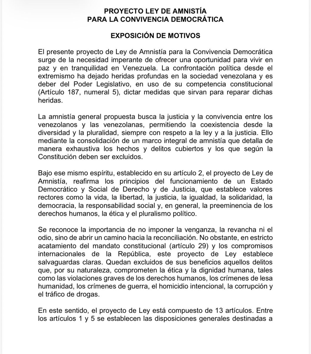 puzkas's tweet photo. La exposición de motivos de la Ley de Amnistía subraya que la ley pretende consolidar “un marco integral de amnistía” que detalla de manera exhaustiva los hechos y delitos cubiertos, así como aquellos que “según la Constitución deben ser excluidos”. 
En ese marco, declara que busca evitar “la venganza, la revancha ni el odio” y abrir “un camino hacia la reconciliación”, reafirmando los valores del Estado Democrático y Social de Derecho y de Justicia (vida, libertad, justicia, igualdad, solidaridad, democracia, responsabilidad social y la “preeminencia de los derechos humanos, la ética y el pluralismo político”).