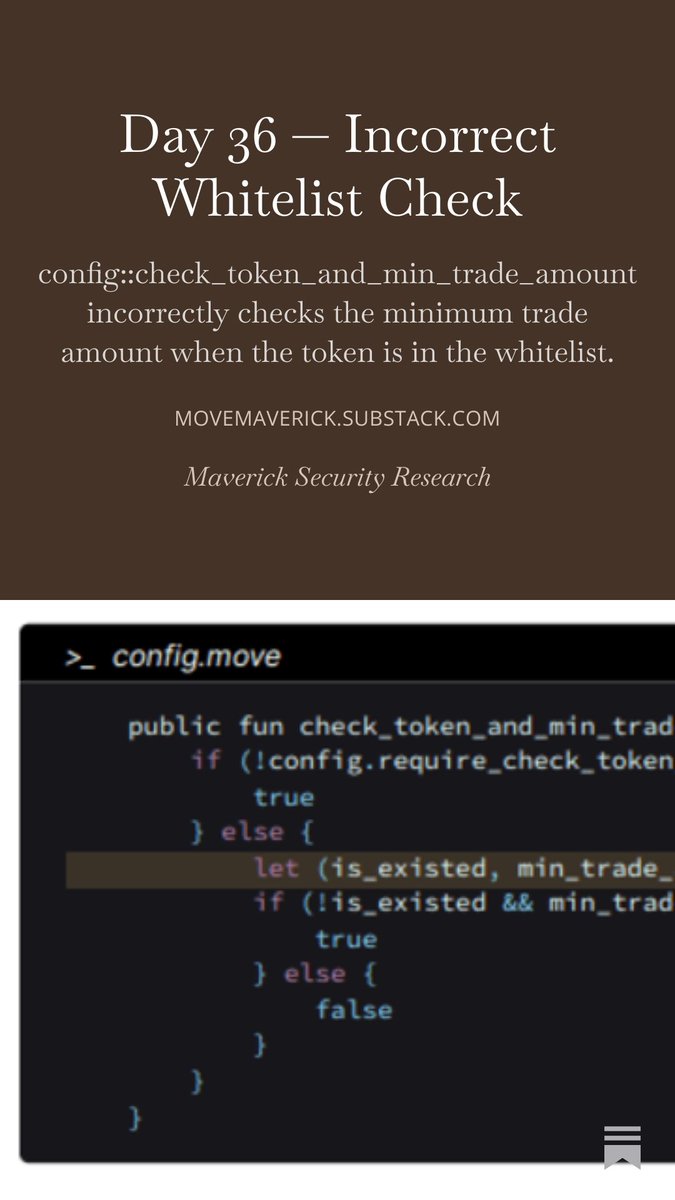 MoveMav's tweet photo. Move Bug a Day
Day 36 — Incorrect Whitelist Check
Full details + code: https://t.co/qUTSdvmdjo
#Move #MoveBugADay #Web3Security #Sui #Aptos https://t.co/B9igpSrqPi