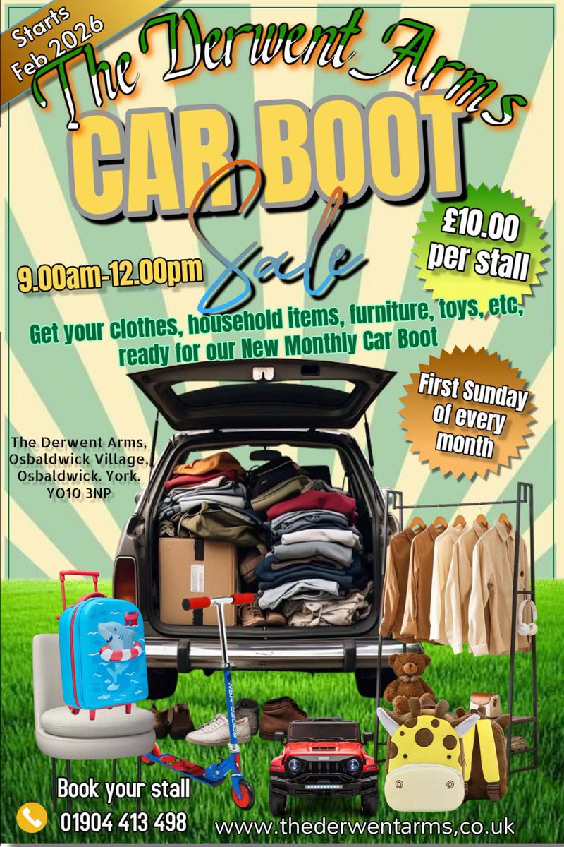 TheDerwentArms's tweet image. FREE STALLS for the next 2 months, URGENTLY LOOKING FOR STALL HOLDERS, we have the customers, we need the stall holders, next car-boot Saturday 1st March @ The Derwent Arms, Osbaldwick,k York. Call the pub on 01904 413 498 to reserve your stall. #carboot #carbootsale #bootsale