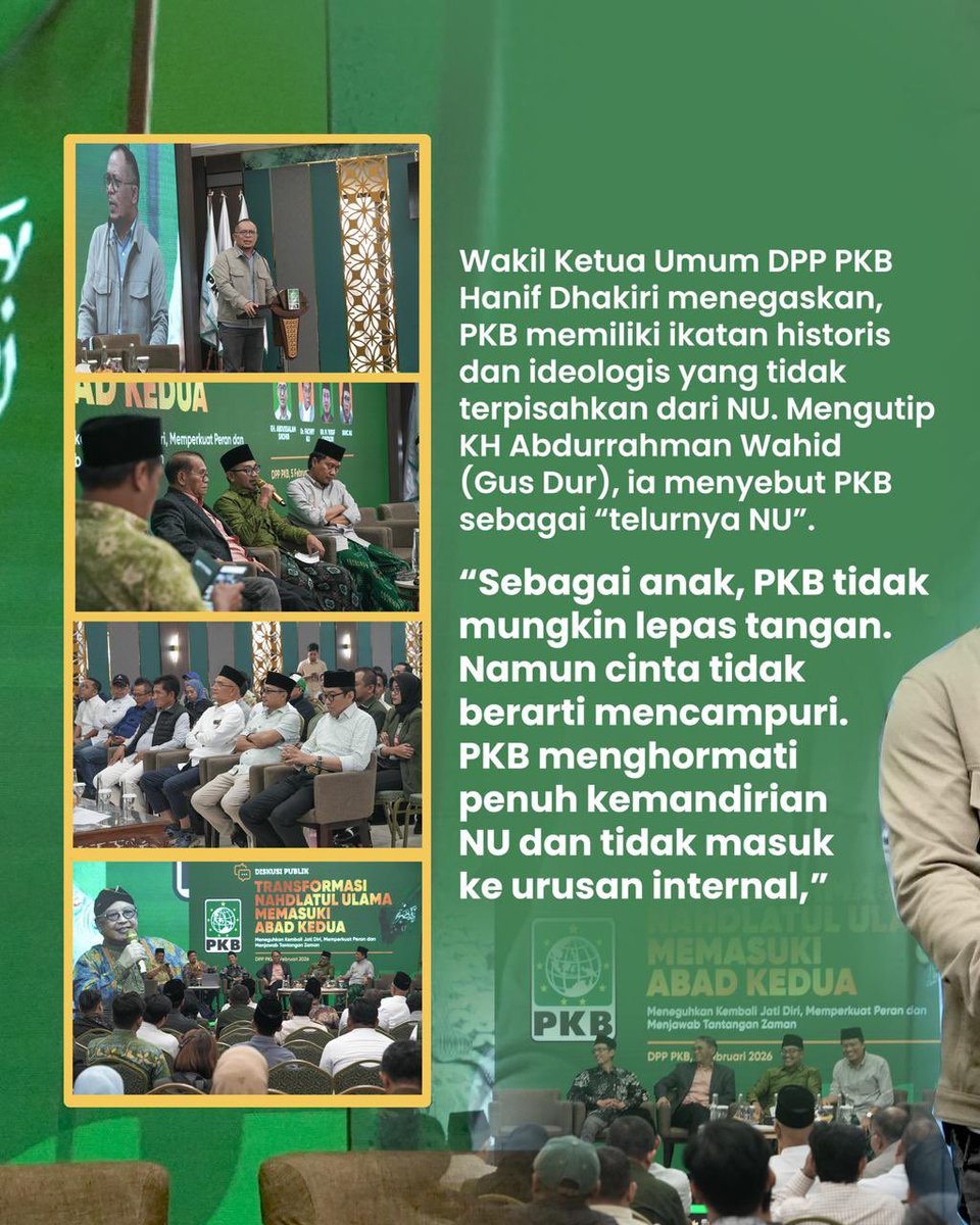 DPP_PKB's tweet photo. Diskusi publik “Transformasi Nahdlatul Ulama Memasuki Abad Kedua” menjadi ruang refleksi bersama untuk merawat warisan ulama sekaligus menyiapkan arah NU ke depan. 

Wakil Ketua Umum DPP PKB @hanifdhakiri menegaskan ikatan historis PKB dan NU mengutip Gus Dur, PKB adalah “telurnya NU”. Cinta itu berarti menjaga, bukan mencampuri.

#1AbadNU
#TransformasiNU