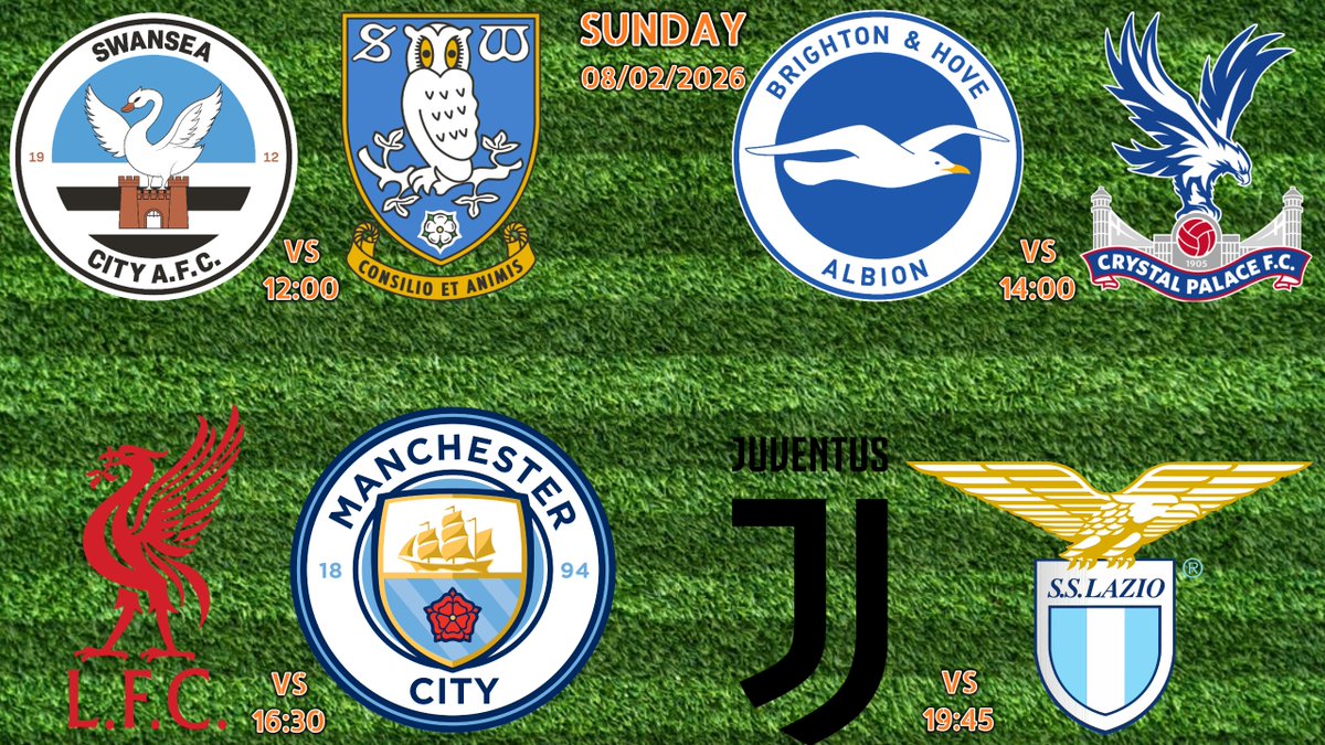 Sundays LIVE Football.....

⚽Swansea City v WEDNESDAY⚽12:00
⚽Brighton v Crystal Palace⚽14:00
⚽Liverpool v Manchester City⚽16:30
⚽Juventus v Lazio⚽19:45

Watch it ALL LIVE here